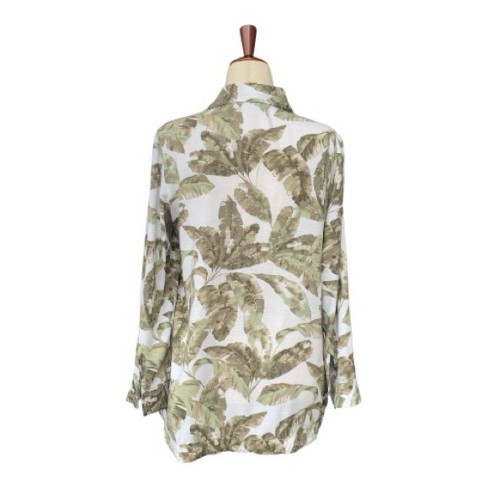 Chico's White Olive Green Leaf Print Blouse Lightweight Tab Sleeve‎ Tunic Size 1 - Picture 3 of 12